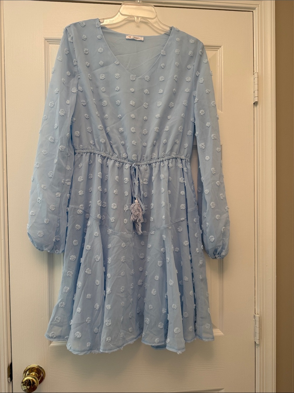 Light Blue Textured Chiffon Tie-Waist Casual Dress